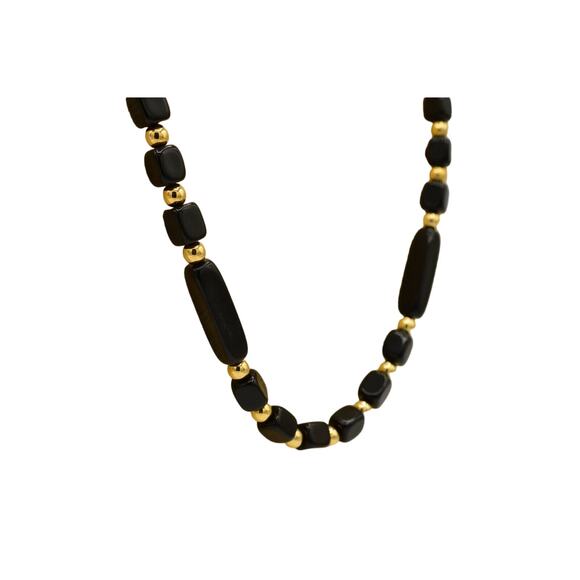 Trifari Black Beaded Necklace Statement Gold Geometric 32" Vintage Signed BinR - Picture 2 of 10